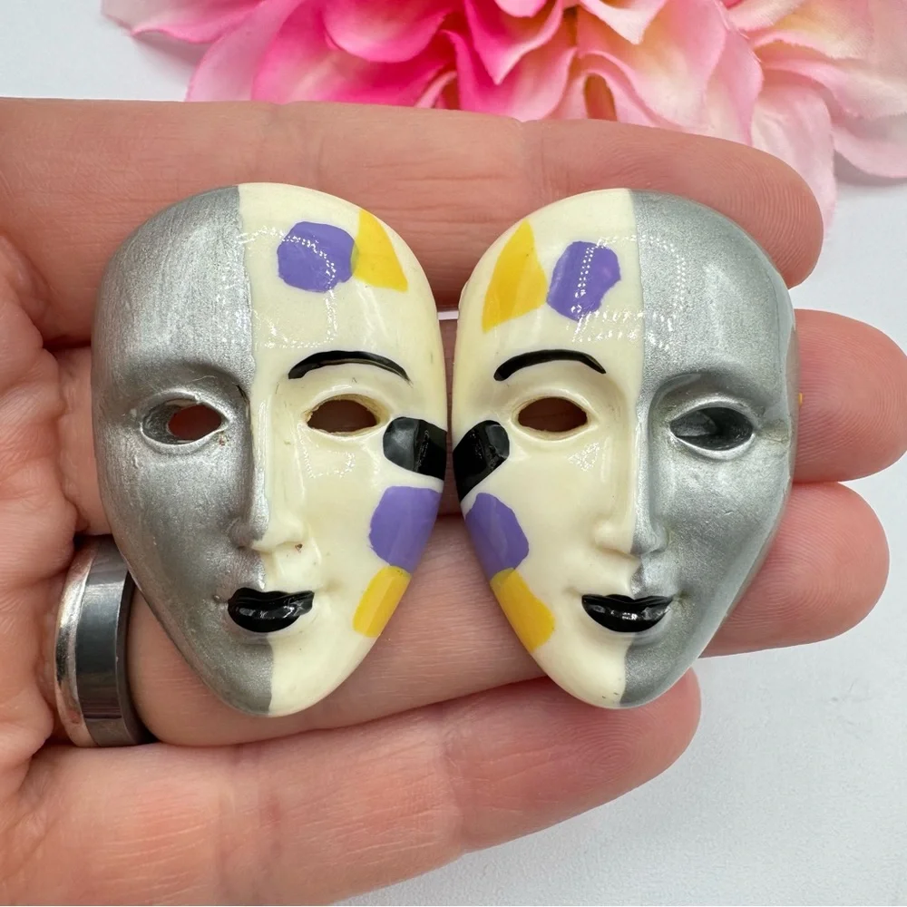 Vintage Mask Split Face Doll Carnival Earrings Artsy Avant Garde Fair Festival - Picture 3 of 10